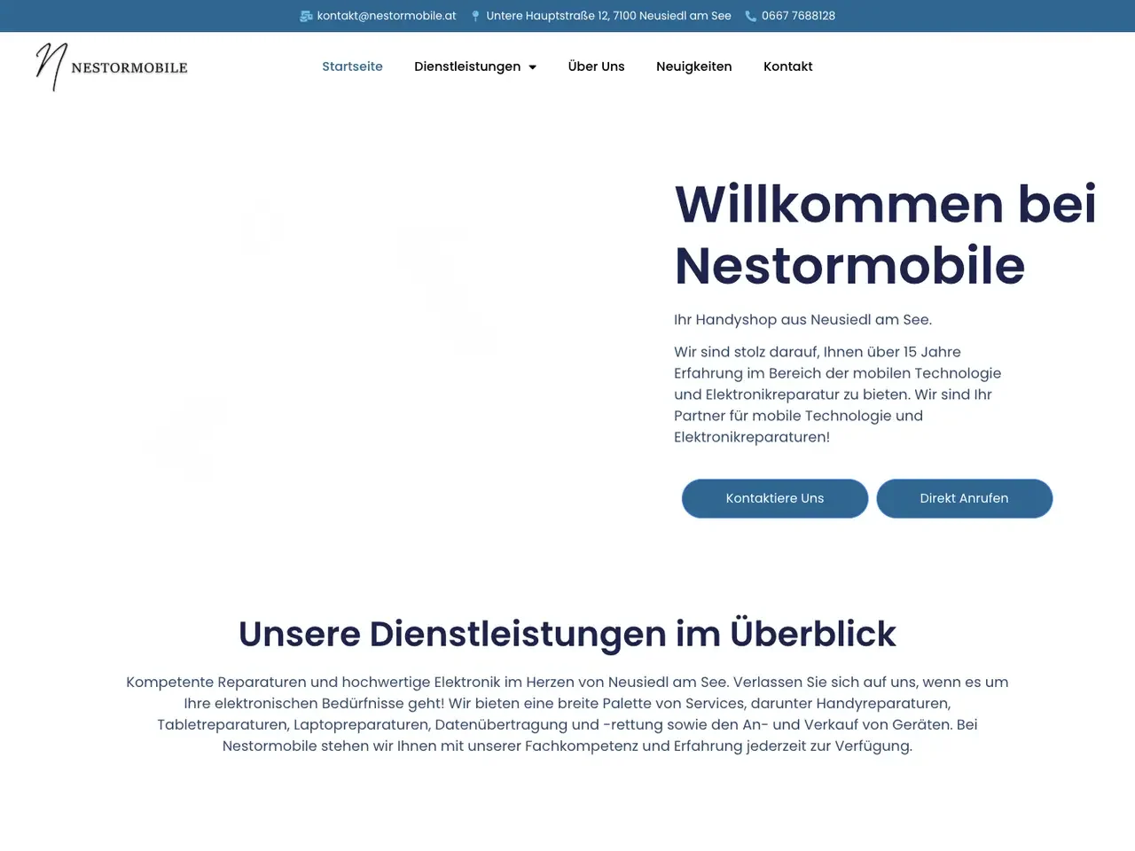 Komplette Startseite von Nestormobile